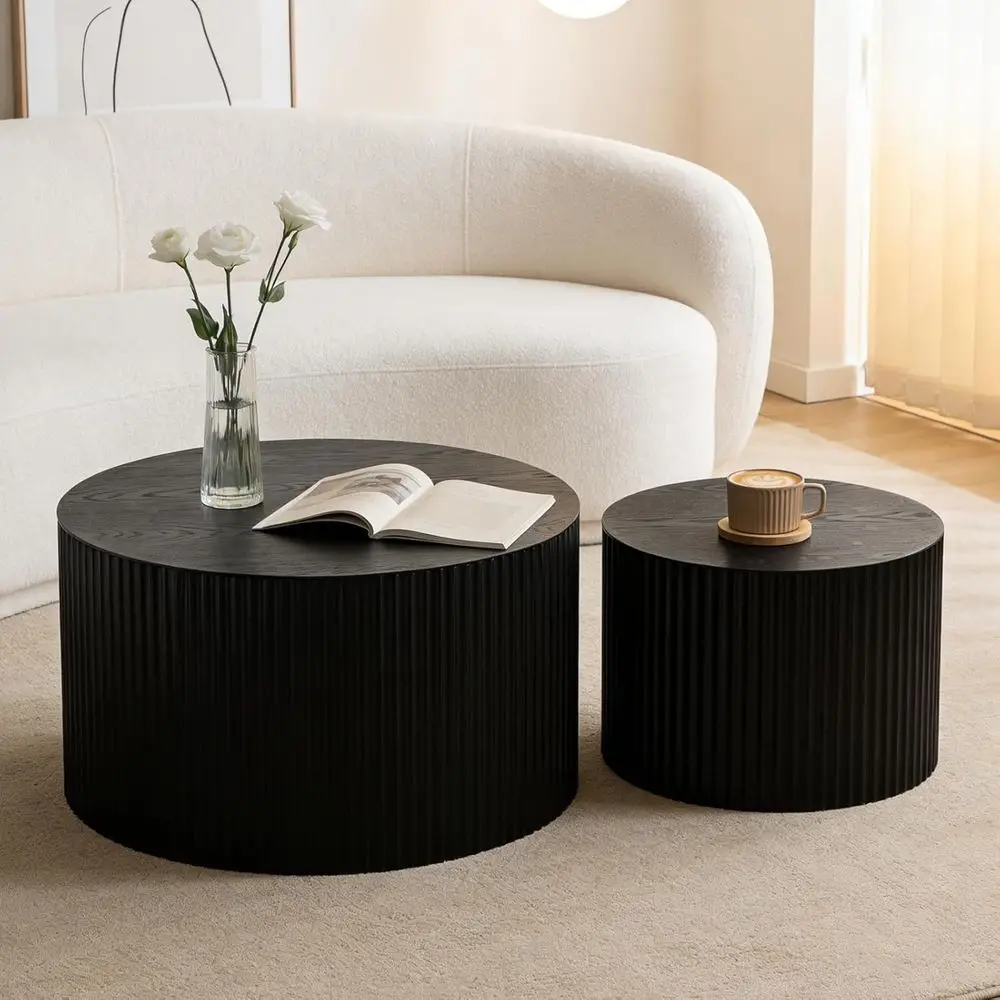 

2-Piece Round Wooden Nesting Coffee Table Set for Living Room, Bedroom, or Office in Black