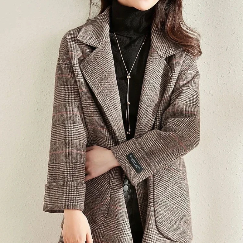 Abrigo holgado de mezcla de lana de Tweed de longitud media para mujer, ropa de invierno caliente, chaqueta de mezcla de prendas de vestir exteriores, chaqueta elegante de manga larga para mujer 2024