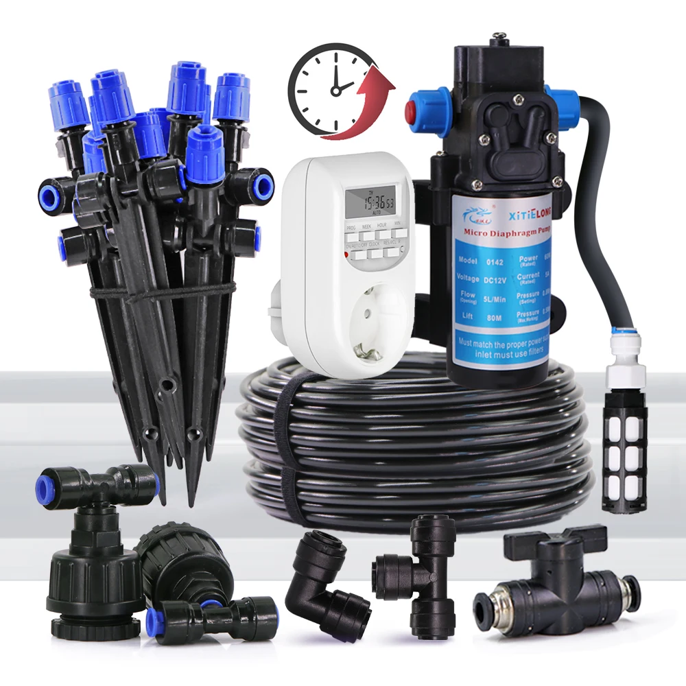 1/4" Bubbler Irrigation System 60w Self-priming Pump PE Hose 360° Adjustable Sprinkler Garden Greenshouse Plants Drip Watering