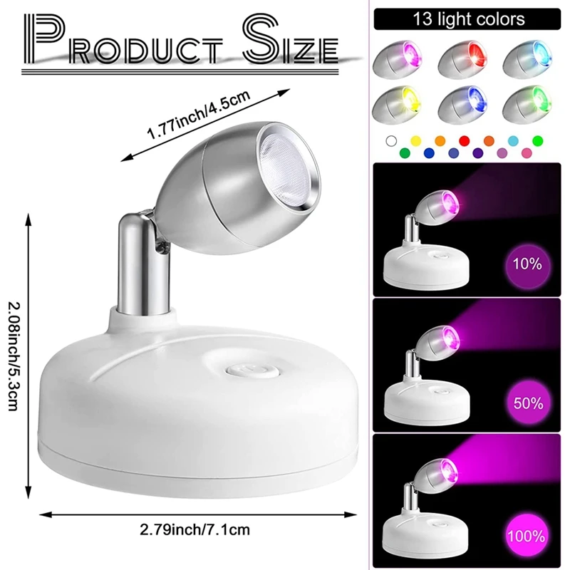 6 قطع أضواء كاشفة RGB LED مع جهاز تحكم عن بعد، 13 لونًا، أضواء مميزة تعمل بالبطارية لخزانة الأعمال الفنية للمدخل باللون الأبيض