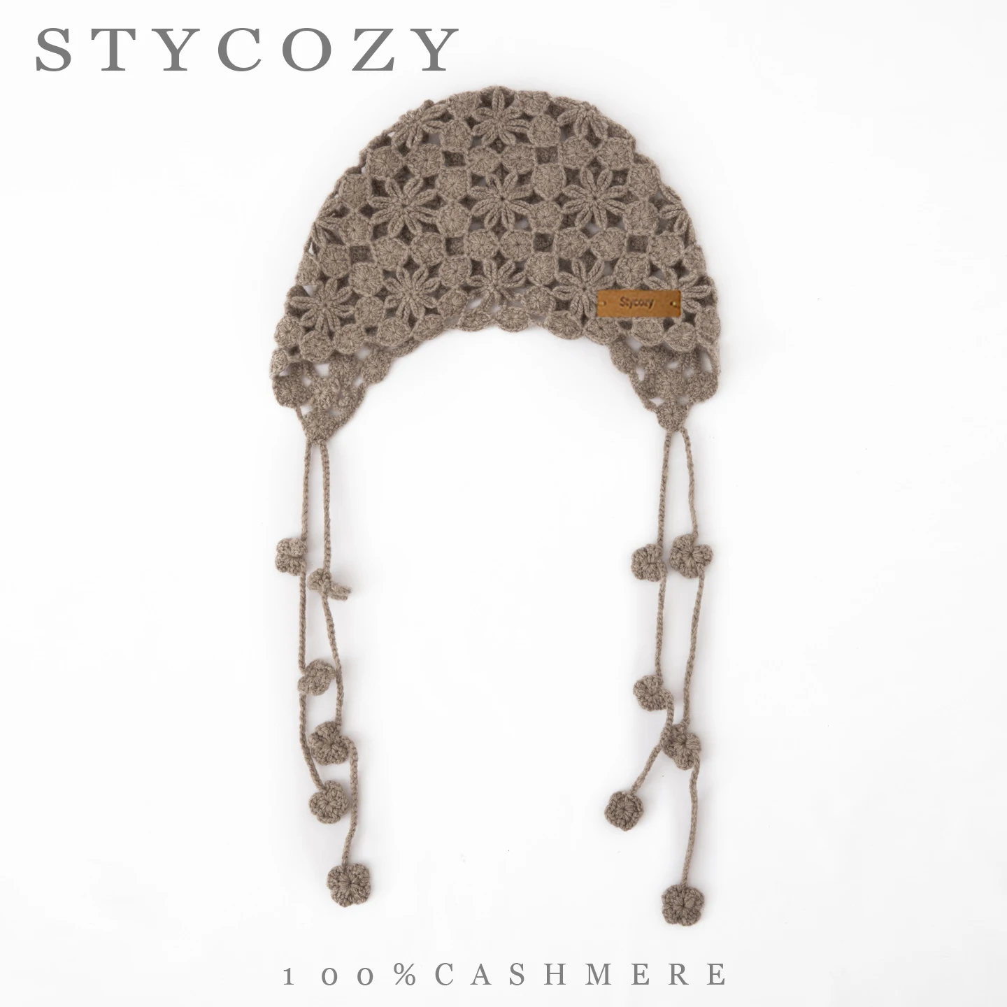 100C%Cashmere Women Boho Crochet Hat Vintage Hollow Out Knitted Beanie Cap Long Mini Flower Strap Earflap Winter Warm Headwear