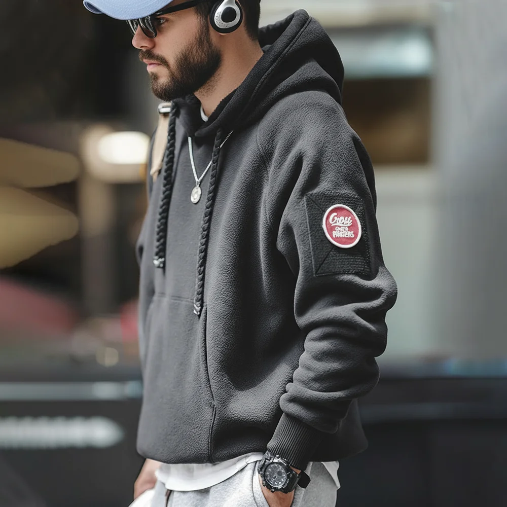 Maden 2024 Otoño Invierno Casual Sudadera con capucha pesada de los hombres negro versátil grueso polar jersey suelto cálido Sudadera con capucha