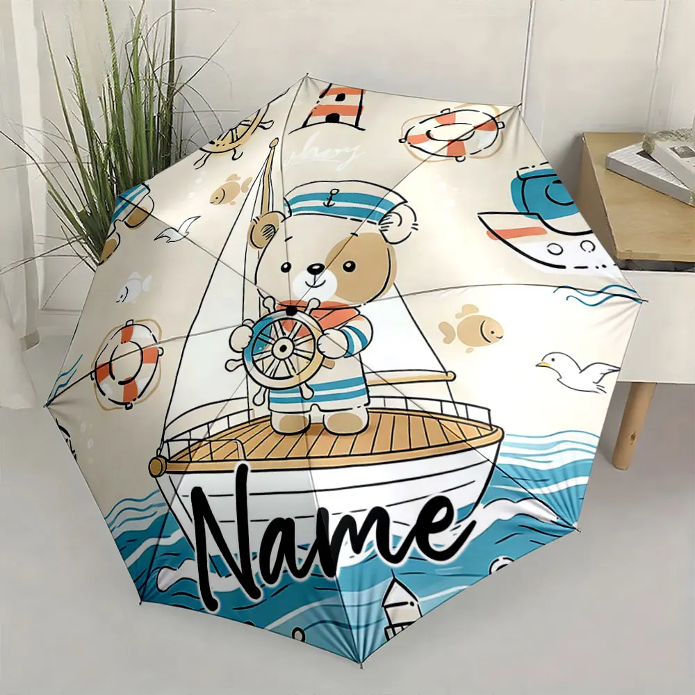 Custom Name Umbrella Umbrella with Sailor Bear Design Print 8 Iron Ribs Folding Umbrella Auto-Open Fashion Sunshade