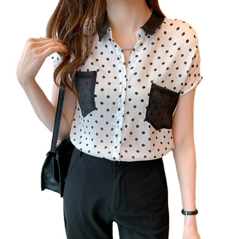 2024 Summer New Polka Dot Shirt Women's Short Sleeve Thin Blouse Top