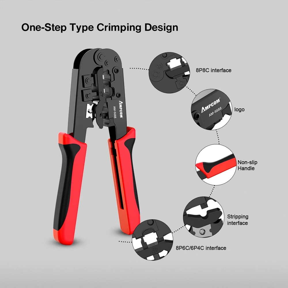 AMPCOM Network Tool Kit, Lan Tester RJ45 Crimper Cat6 CAT5E Connectors RJ11 Punch Down Tool Wire Stripper Pliers Ethernet Cable