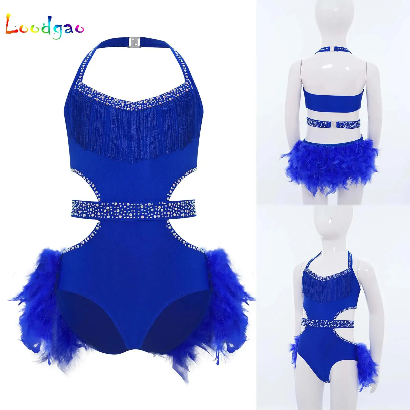 

Kids Girls Gymnastics Jazz Latin Dance Feather Skirted Leotard Dress Performance Costume Sleeveless Cutout Ballet Tutu Dancewear