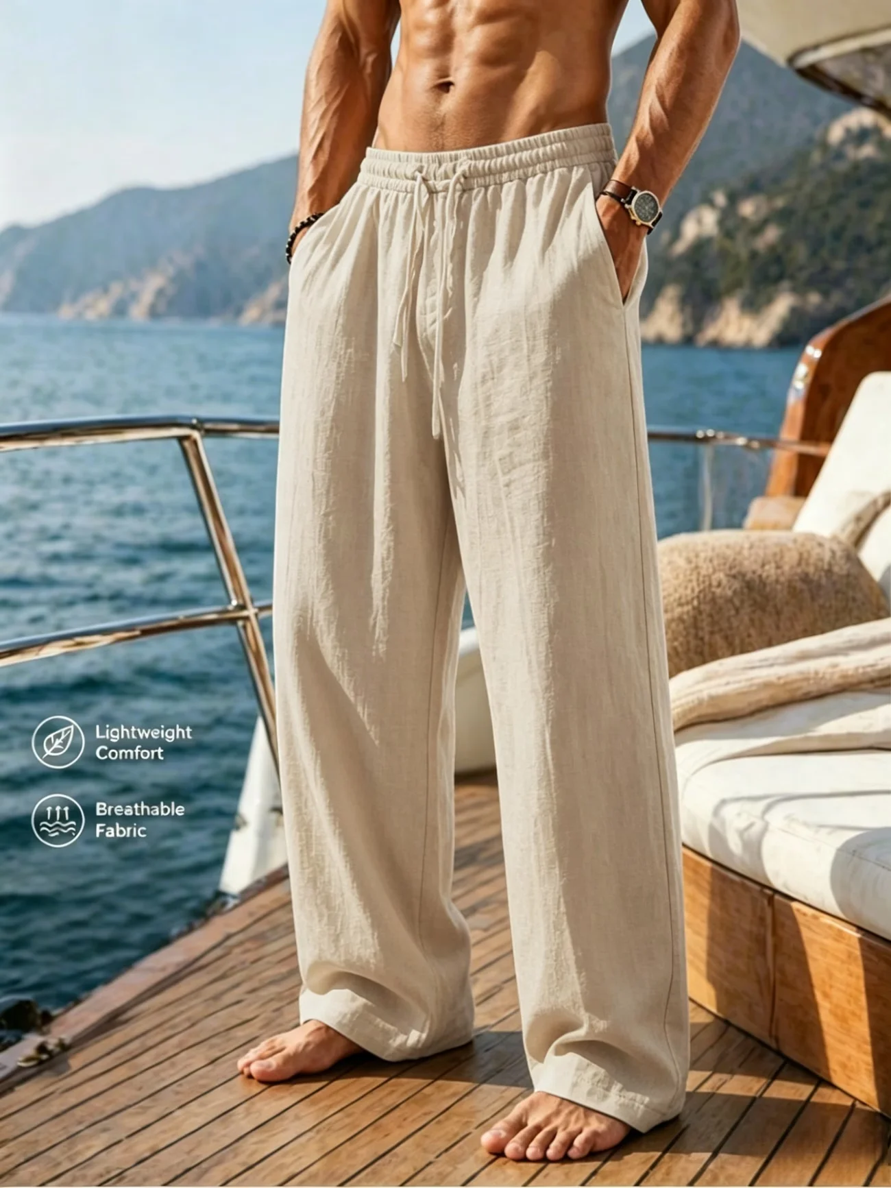 Herren Baumwoll-Leinen-Hose mit Weitem Bein, Elastischem Bund und Kordelzug, Leichte Atmungsaktive Sommer-Strand-Freizeithose – Detail 4