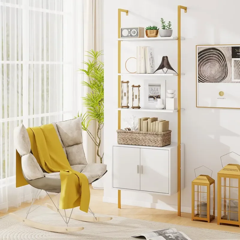 5 Tier Wall Mounted Ladder Bookshelf with Cabinets Open Shelves Storage Display Unit for Living Room Home Office Bedroom