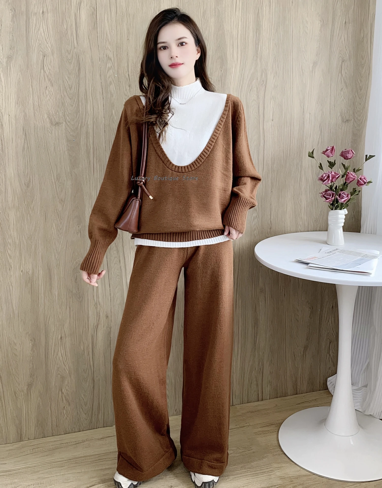 

Patchwork High Neck Sweater And Wide Leg Pant Sets Chic Loose Knitting Pullovers Autumn Winter Wome Outfits Casual Home Suit