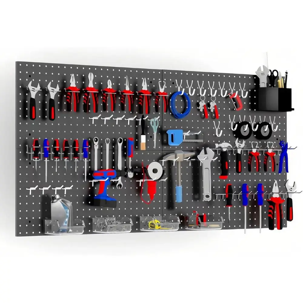 

Peg Board Wall Organizer, 24x48 Black Metal Pegboard, 4 Panels with 63 Accessories, Wall Mount Large Peg Board Kit with Hooks, B