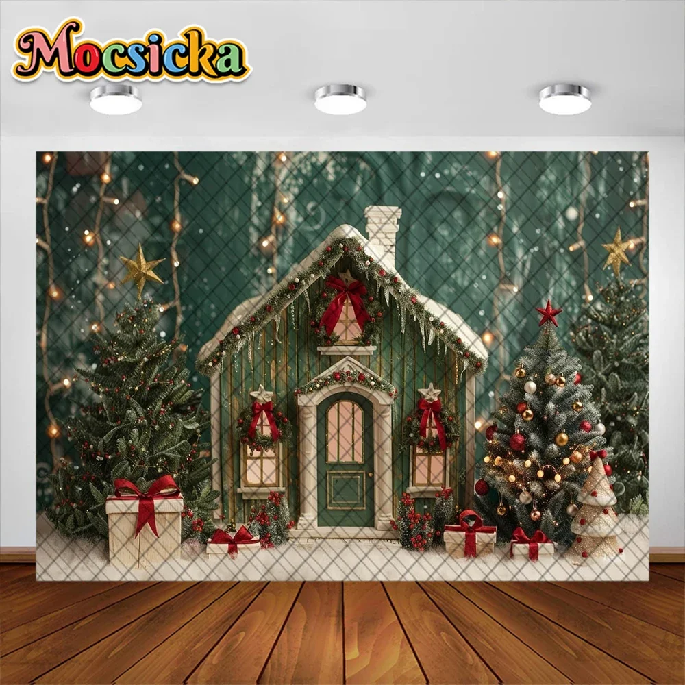 Mocsicka Christmas Candy House Photography Background Xmas Tree White Snow Garland Holiday Decor Girl Portrait Photo Backdrop