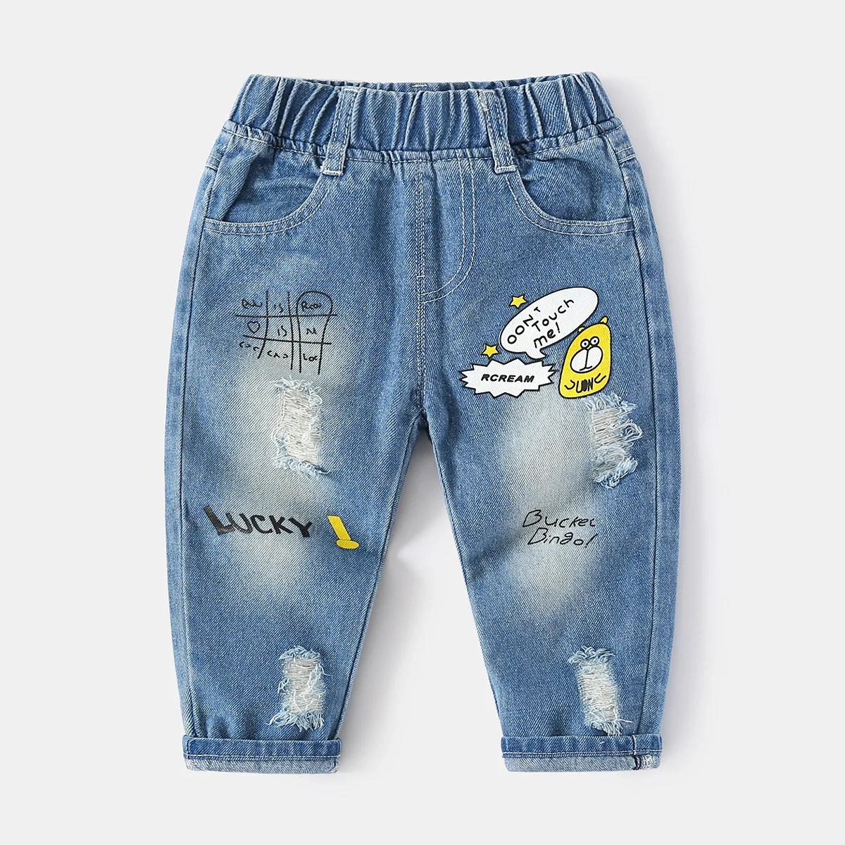 Boys' Mid-Waist Distressed Ripped Tapered Washed Jeans Spring/Autumn Kids Handsome Fashion Elastic Waist Cargo Pants, Ages 2-7