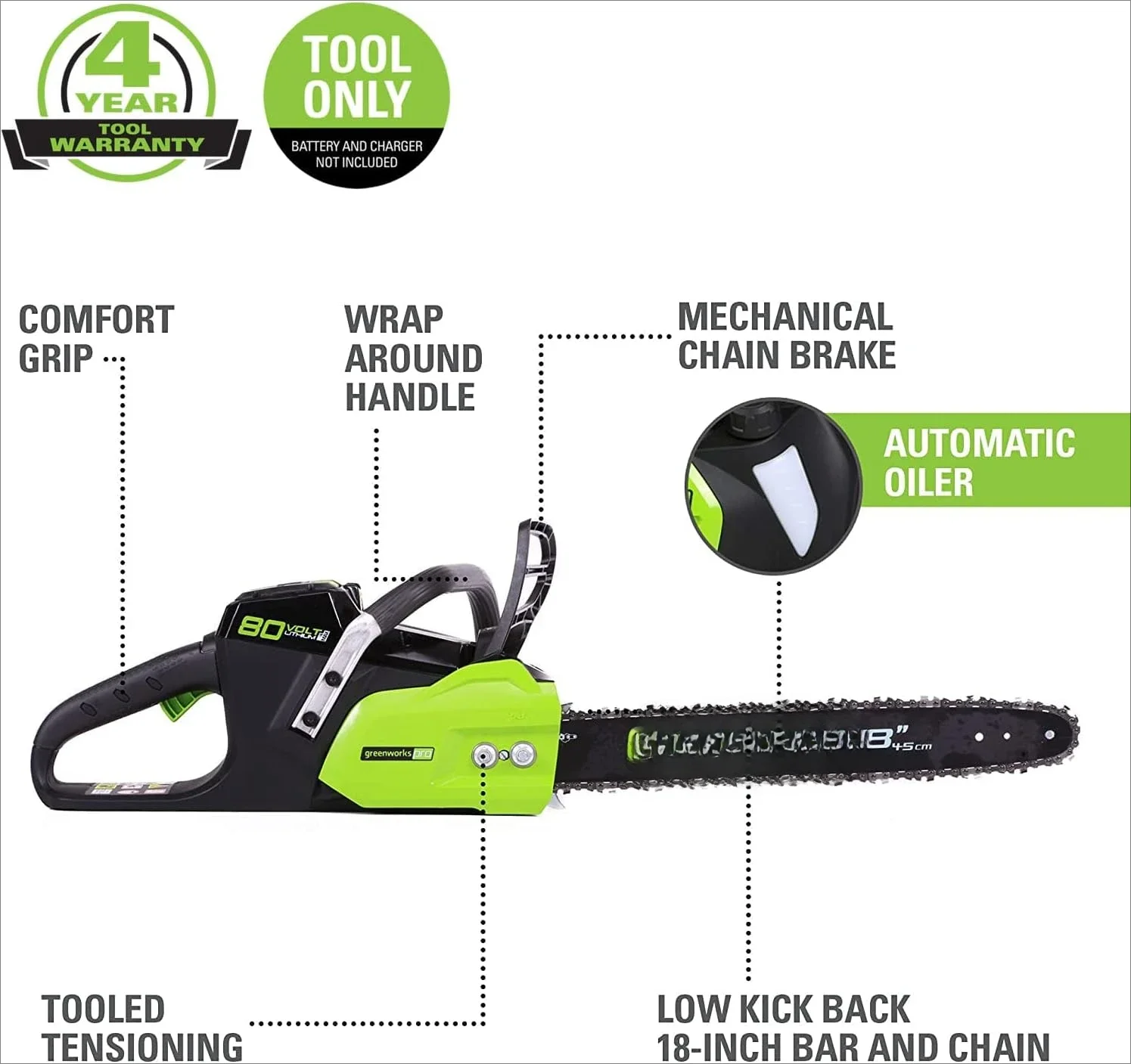 

Cordless Chainsaw (Great for Tree Felling, Limbing, Pruning, and Firewood) / 75+ Compatible Tools), Tool Only, Black & Green