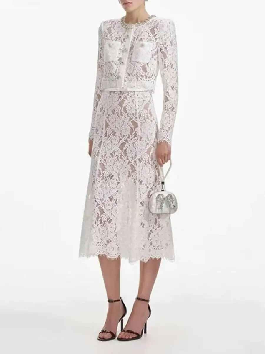 LEOSOXS mode femmes solide évider deux pièces ensemble col rond à manches longues haut taille haute jupe élégant Chic ensembles femme nouveau