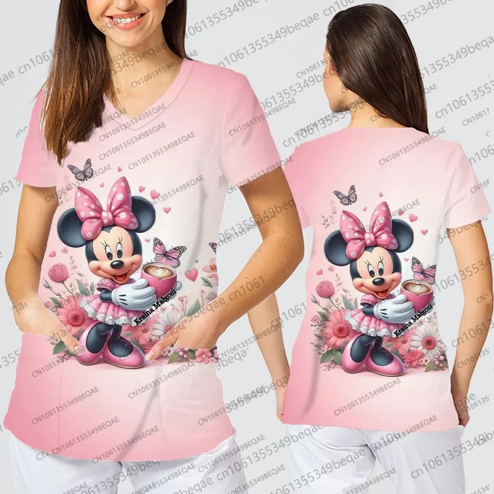 العصرية Y2k نمط الخامس الرقبة المرأة تي شيرت قصيرة الأكمام تنفس ممرضة موحدة ديزني مستوحاة تصميم الإناث الزي غير رسمي #3