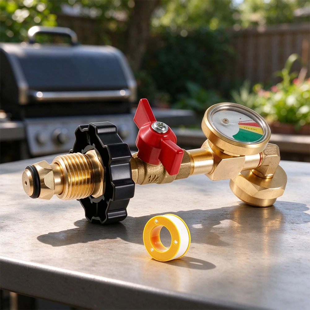 Brass Propane Refill Adapter 90° With Gauge, Compatible With 1lb Disposable Cylinders, Reusable Gas Filling Tool For Outdoor BBQ