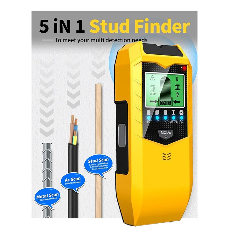 Escáner de pared con buscador de vigas, detector de buscador de vigas de metal y madera con pantalla LCD de precisión mejorada 5 en 1, buscador de vigas con sensor de perno