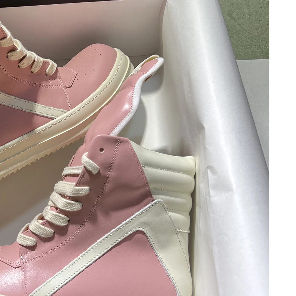 

Pink Leather High Top Men and Women Sneakers Casual Shoes Lace Up Round Toe Thick Bottomed Quality Designer Boots Ro Men Shoes
