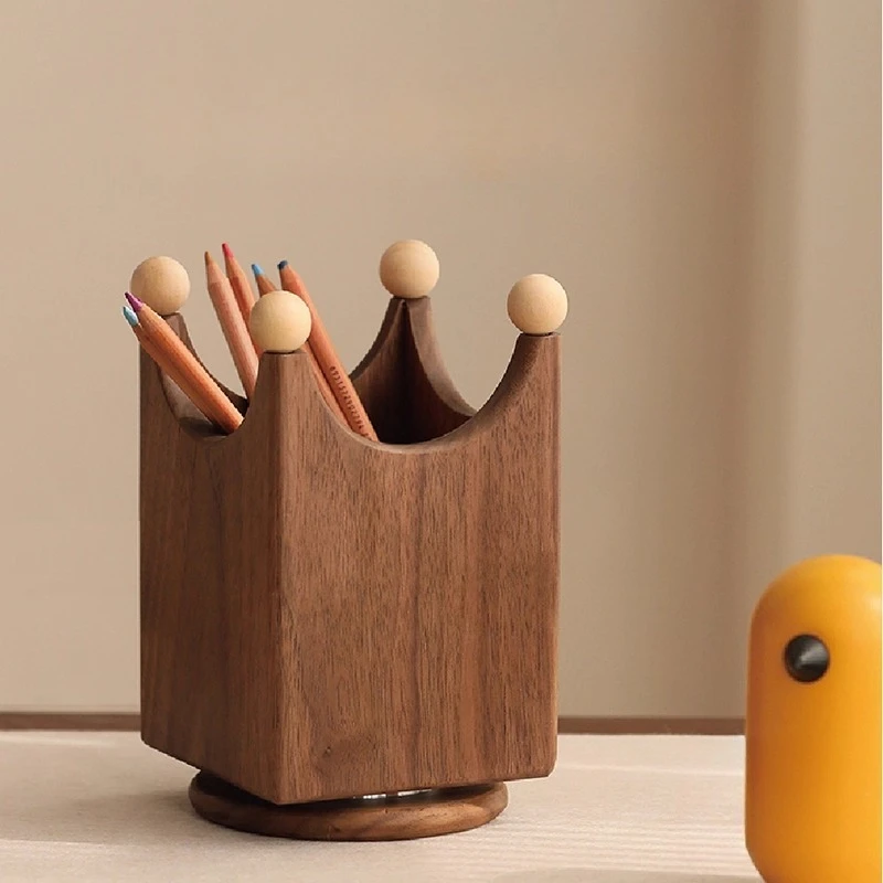 

Crown rotating pen holder desktop storage box makeup brush solid wood art ornament birthday school gift
