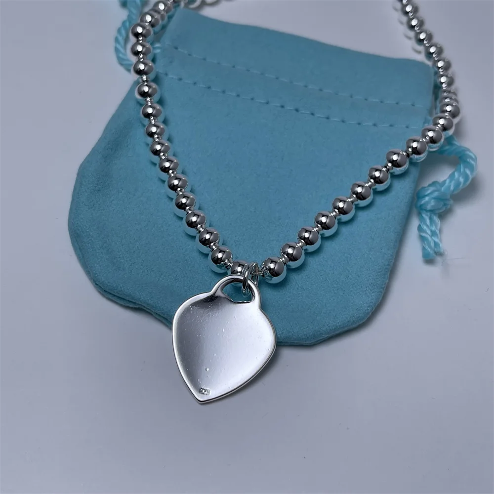 925 Sterling Silver Necklace Romantic Fashion Round Beads Heart Woman Necklace Charm Jewelry Gift