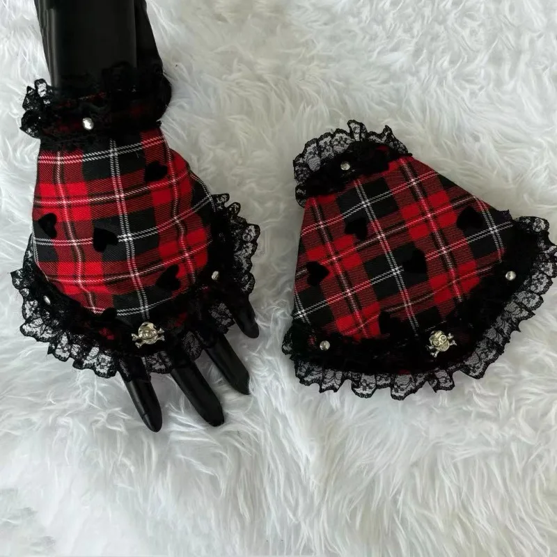 European American Style Rivet Lace Sleeves Subculture Lolita Christmas Decoration Personalized Cosplay Halloween Grid Gloves New