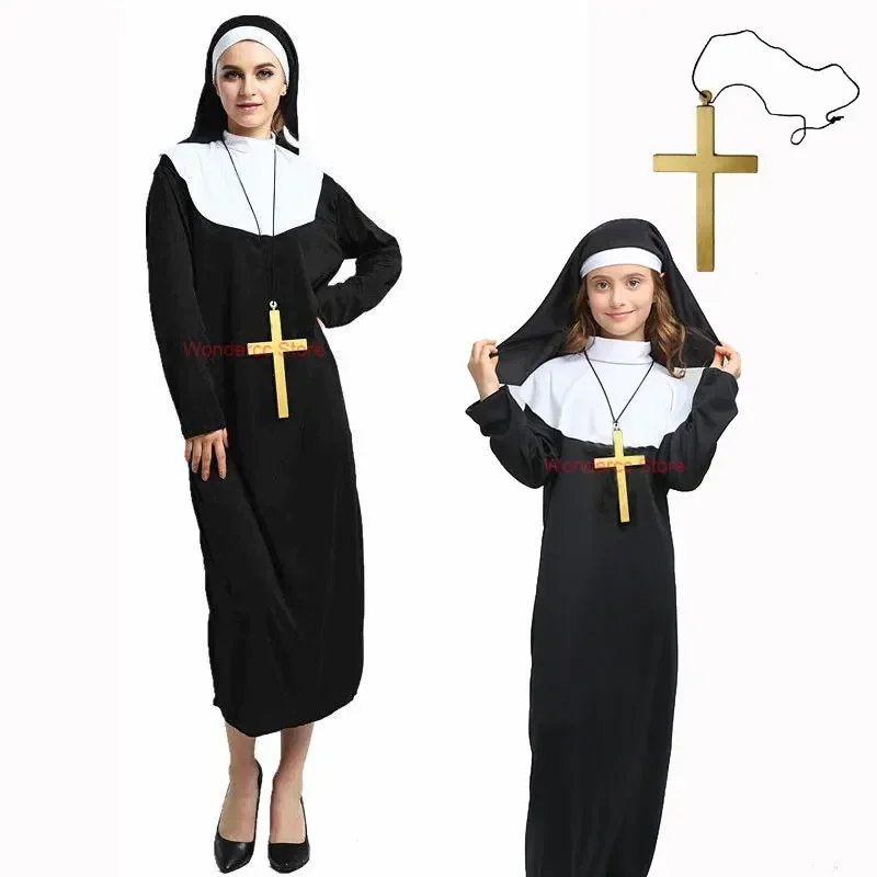 Girls Women Nun Cosplay Costume Decent Medieval Robe With Headkerchief Necklace Kids Adult Halloween Costume