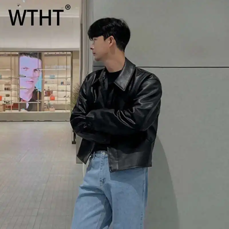 

WTHT Fashion Men Solid Color Pockets Leather Lapel Coat Trendy 2025 Summer Single-breasted Long Sleeves Loose Jacket Male 2A0456
