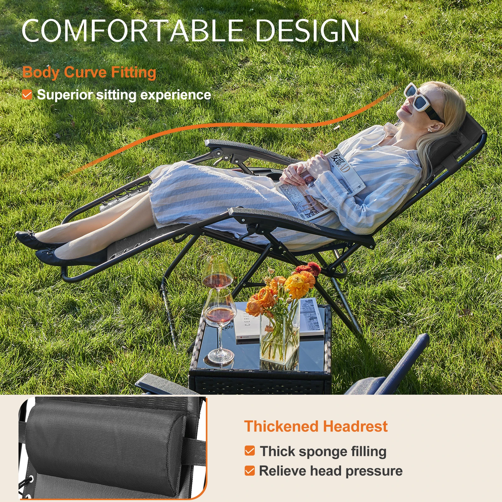 JHK Zero Gravity Set of 2 Portable Recliner Camping Patio Outdoor Daybed Lounge Chair with Cup Holder Trays Adjustable Pillow