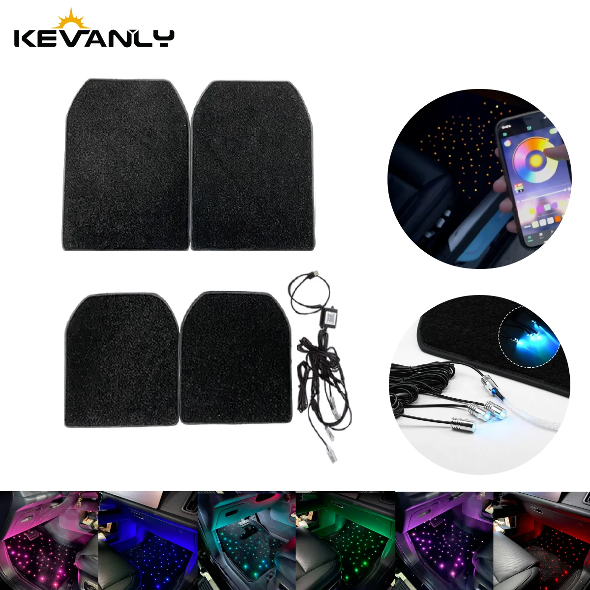 4PCS/SET RGB Fiber Optic Twinkle Stars Car Mats WaterProof Star Light USB Car LED Rugs APP Control Decoration Atmosphere Light