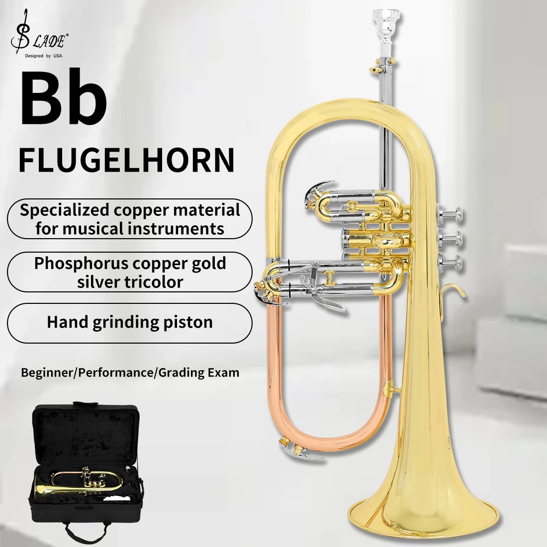 SLADE Flugelhorn النحاس الجسم الذهب ورنيش Bb Flugelhorns المهنية Flugelhorn أداة النحاس للمبتدئين والأداء #2