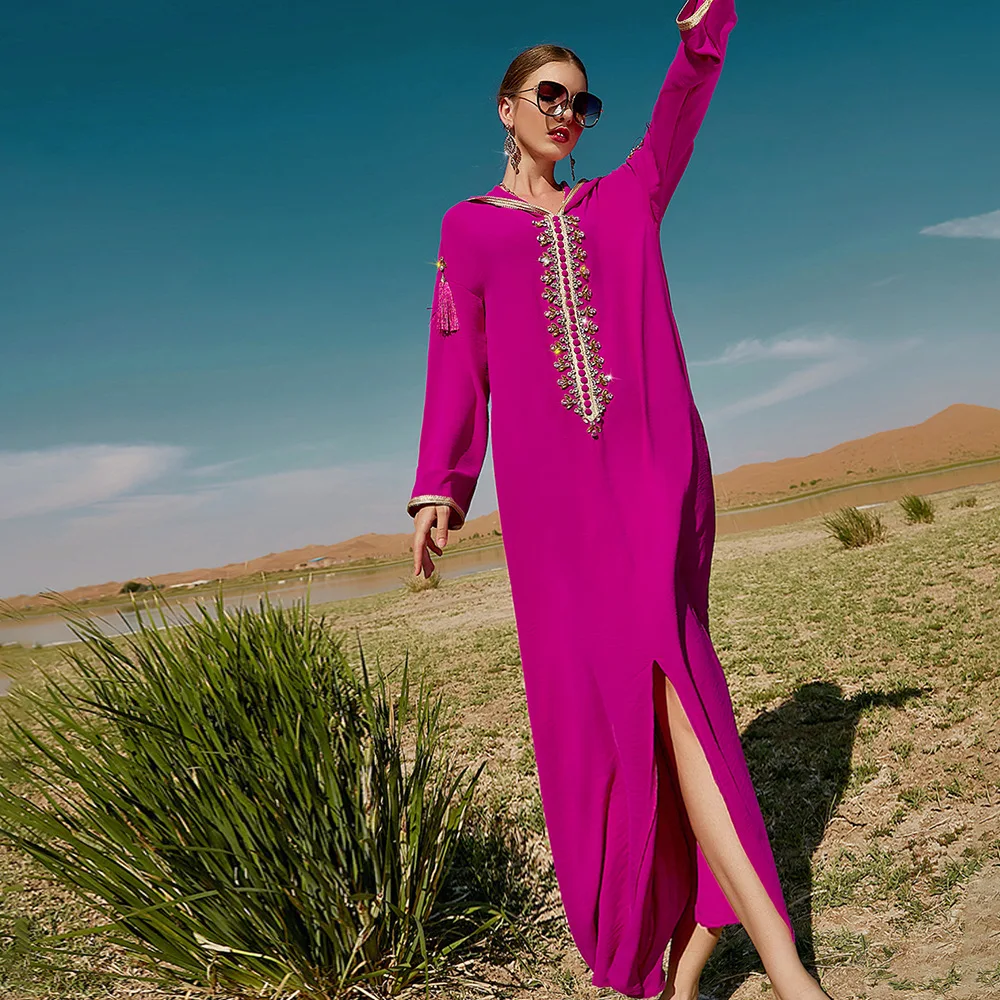 2025 Dubaï Abaya Diamants Femmes Musulmanes Robe À Capuche Eid Djellaba Ramadan Turquie Caftan Maroc Caftan Femme Robe Islam Jalabiya