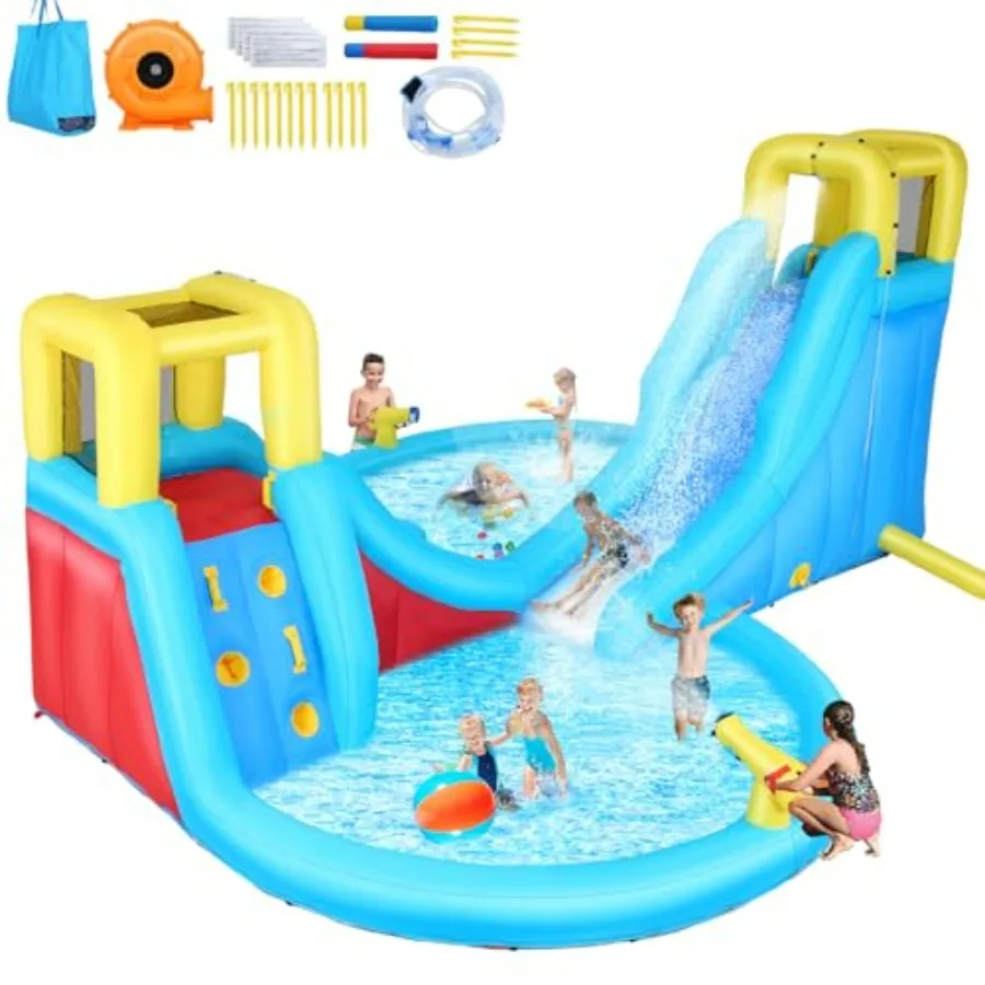 

Big Inflatable Water Slides Park with Climbing Wall and 2 Slides Heavy-Duty PVC Material Blue and Yellow Color Easy to Set Up I