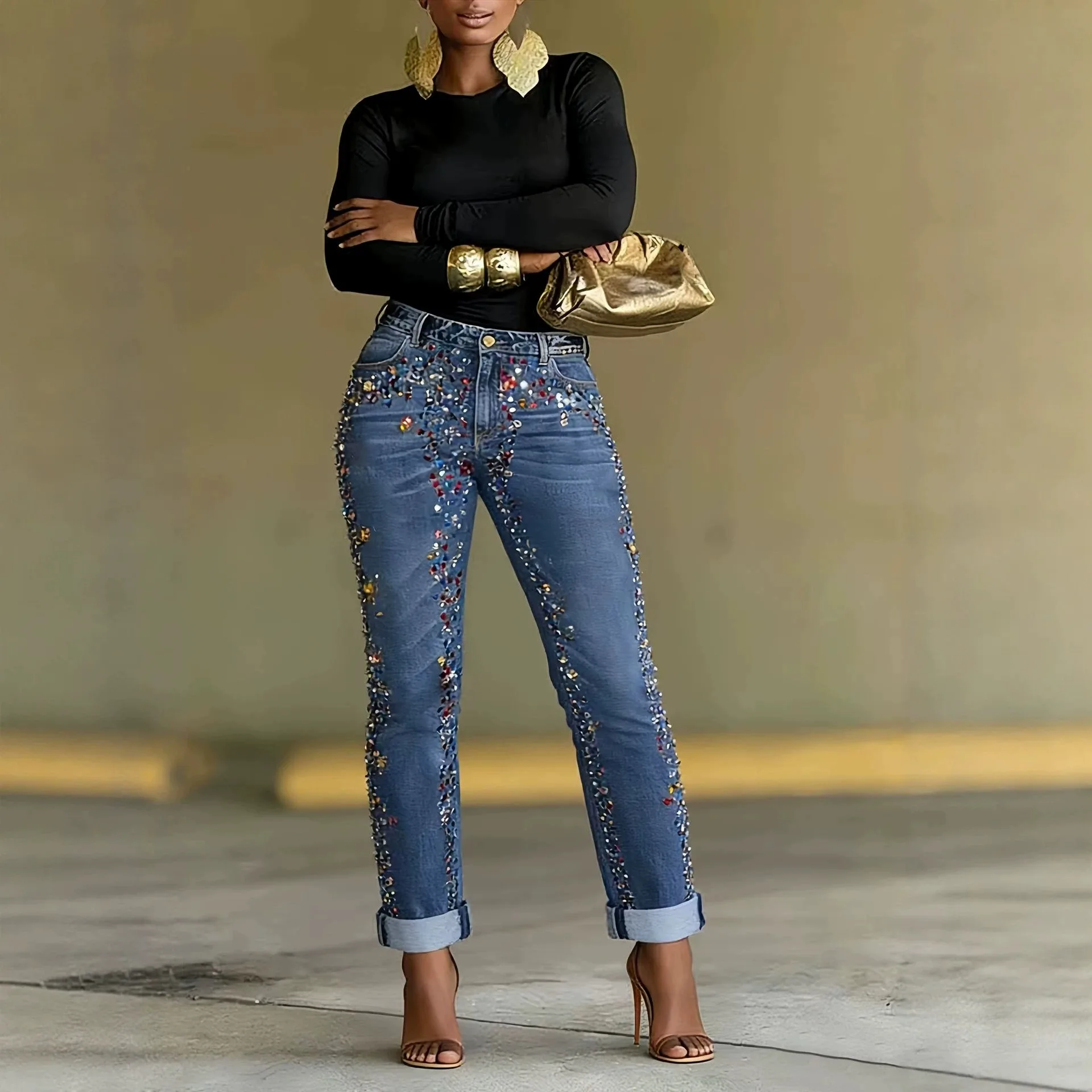Women Rhinestone Straight Leg Jeans High Waist Bling Sequins Denim Pants Roll Up Cuff Slim Fit Glitter Crystal Studded Trousers