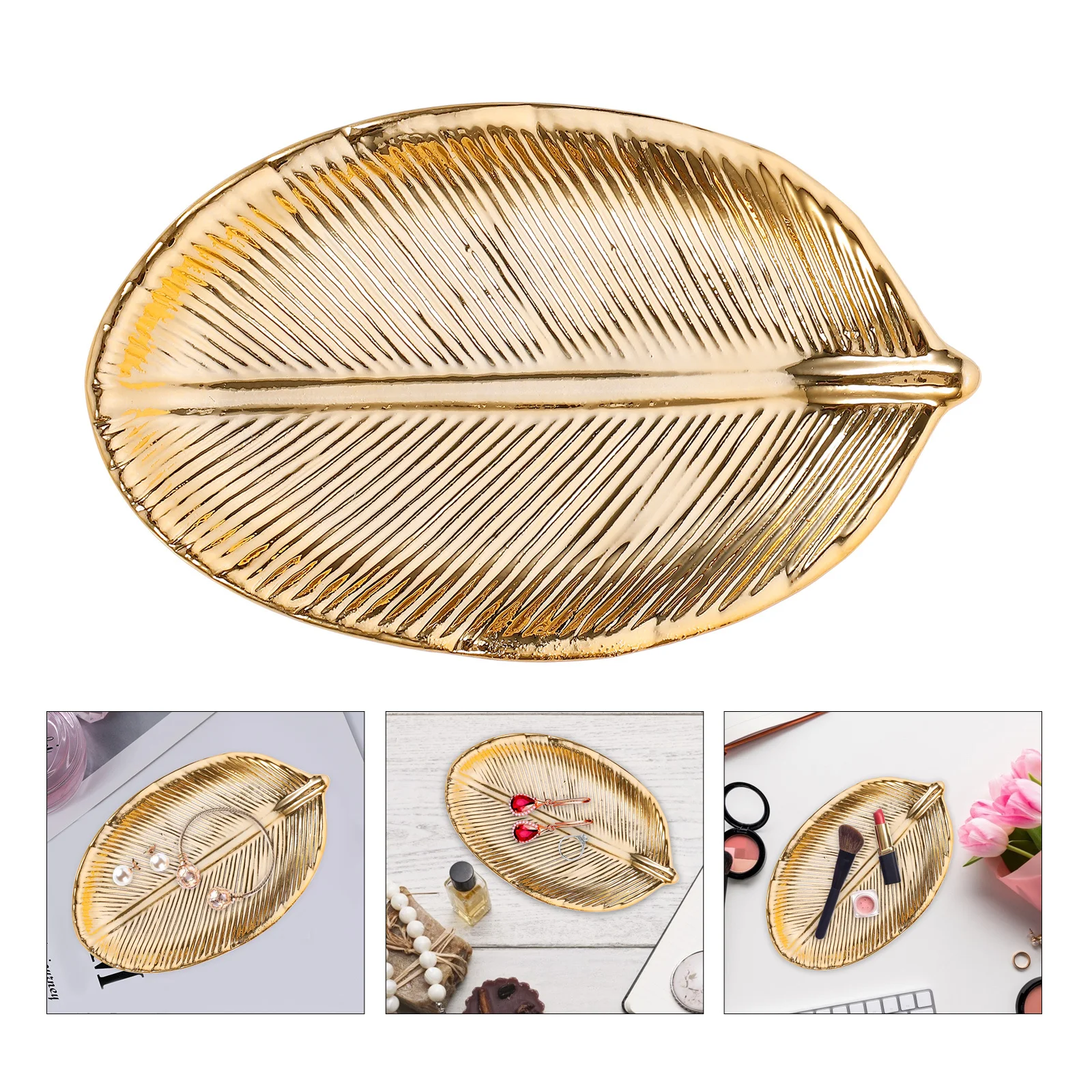 

Rings Holder Women Jewelry Stand Organizer Ceramic Storage Leaf-shape Display Dish