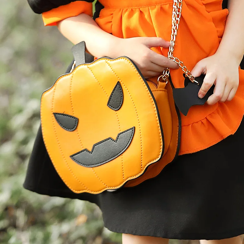 Halloween Pumpkin Head Candy Bag Children Holiday DIY Decorations ArticlesOrange Jack Smile Pumpkin Head Bat Cross Shoulder Bag