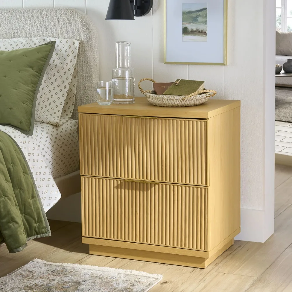 Lillian Fluted 2-Drawer Nightstand with USB, Natural Pine Easy To Assemble Bedroom Furniture