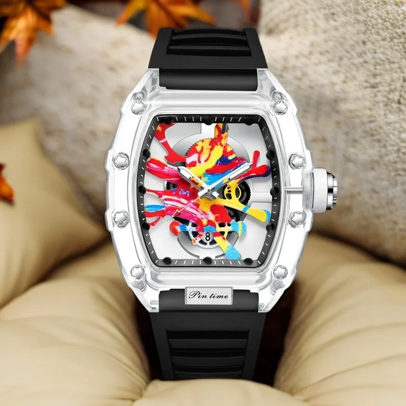 

2025 New Men's Transparent Skeletonized Tonneau-shaped Quartz Watch Silicone Sports Waterproof Calendar Men's Watch reloj hombre