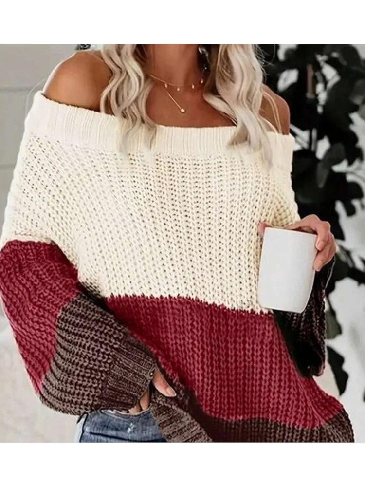 

One Line Neck Winter Clothes Woman Pulls Femmes Patchwork Contrast Color All-match Loose Simple Style Sweater Comfortable Casual