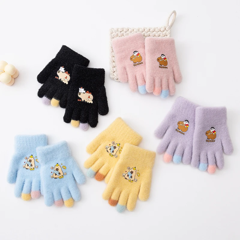 2-5 Years Baby Girs Boys Gloves Winter Cute Cartoon Capybara Full Finger Mittens Children Outdoor Playing Warm Soft Kids Gloves