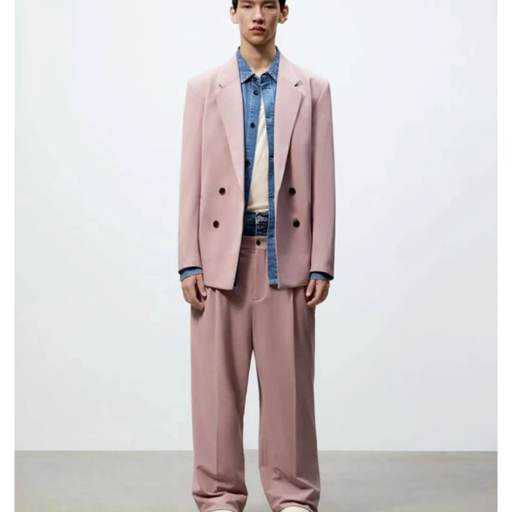 

Simple Light Pink Double-Breasted Men's Suit 2 Piece Set Notch Lapel Loose Fit Office Party Casual Male Outfits（Jacket&Pants）