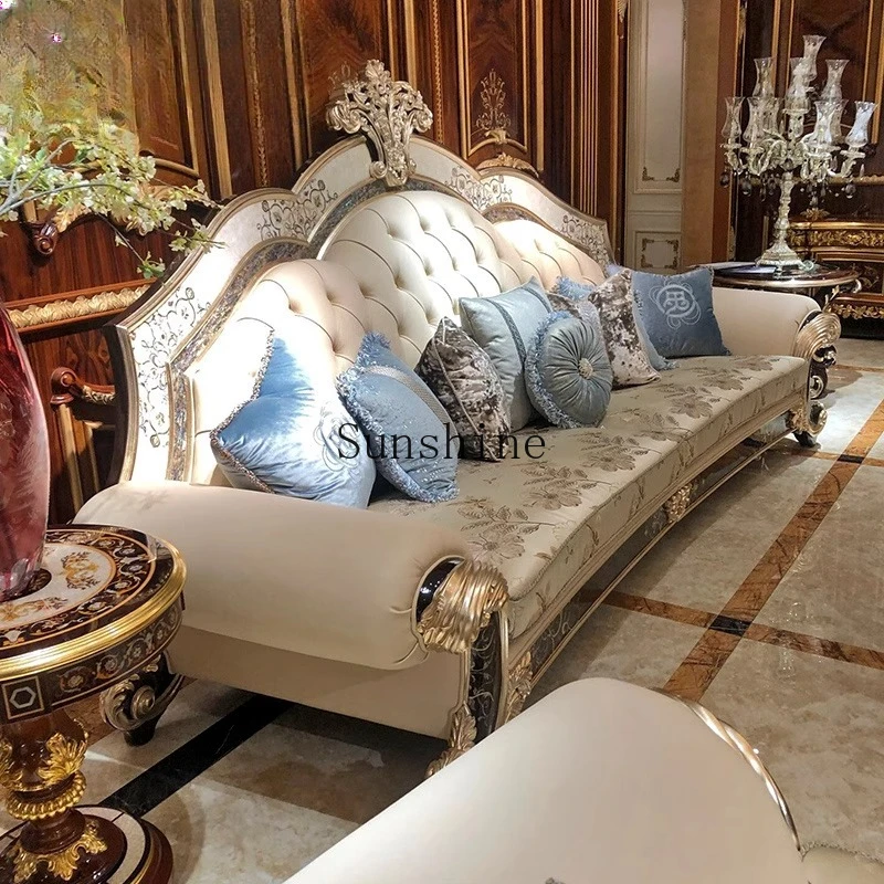 

French fabric three-person large apartment living room solid wood carving flower inlaid shell sofa combination
