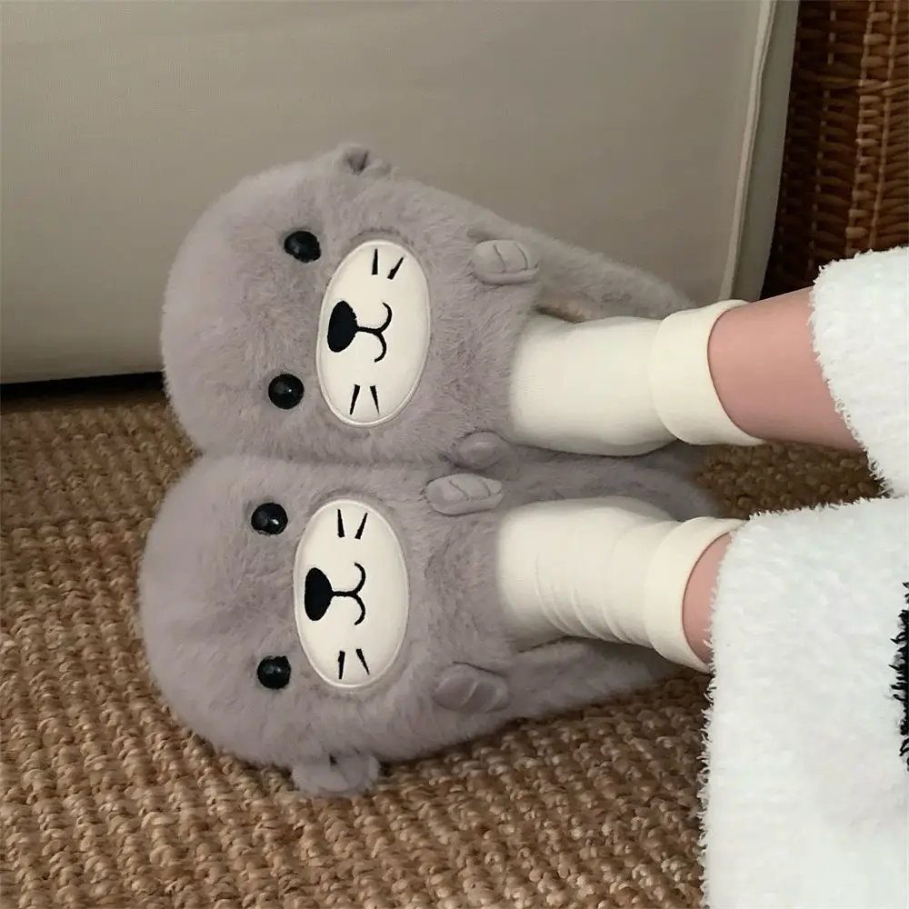 

Women's Grey Fur Slippers 3D Sea Lion Pup Design Winter Indoor Non-Slip Warm Soft Soles Cute Casual Home Slippers