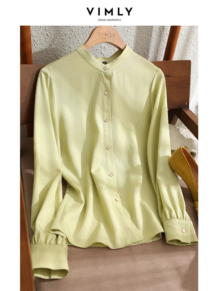 Vimly Basics 100% Lyocell Blouse Shirt for Women Office Lady 2023 Spring Fashion Elegant Stand Collar Full Sleeve Tops V7813