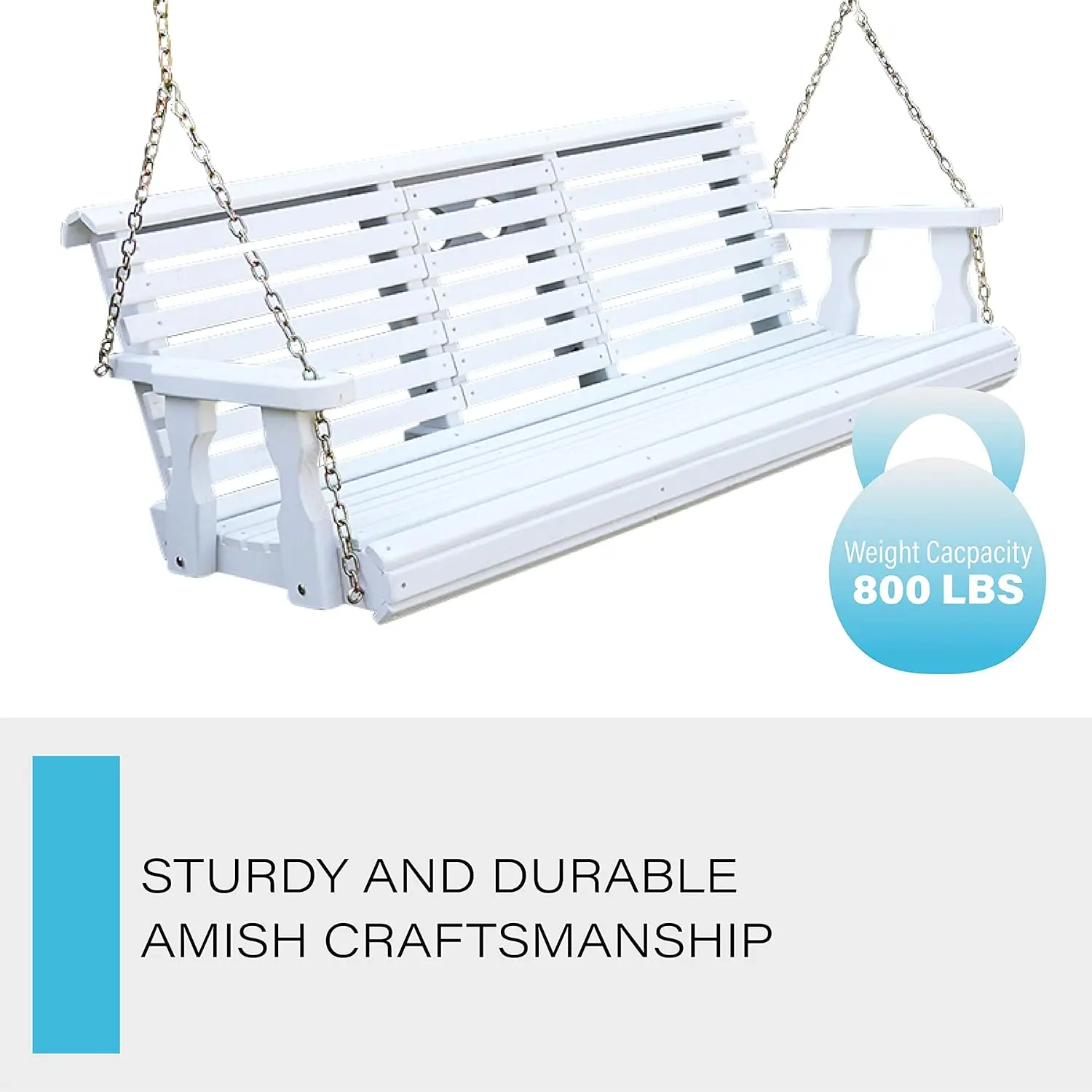 Amish-RapDuty Console Porch Swing avec porte-gobelet en duvet, White Stain, Amish Made in USA, Treated Enrichi, Hangin