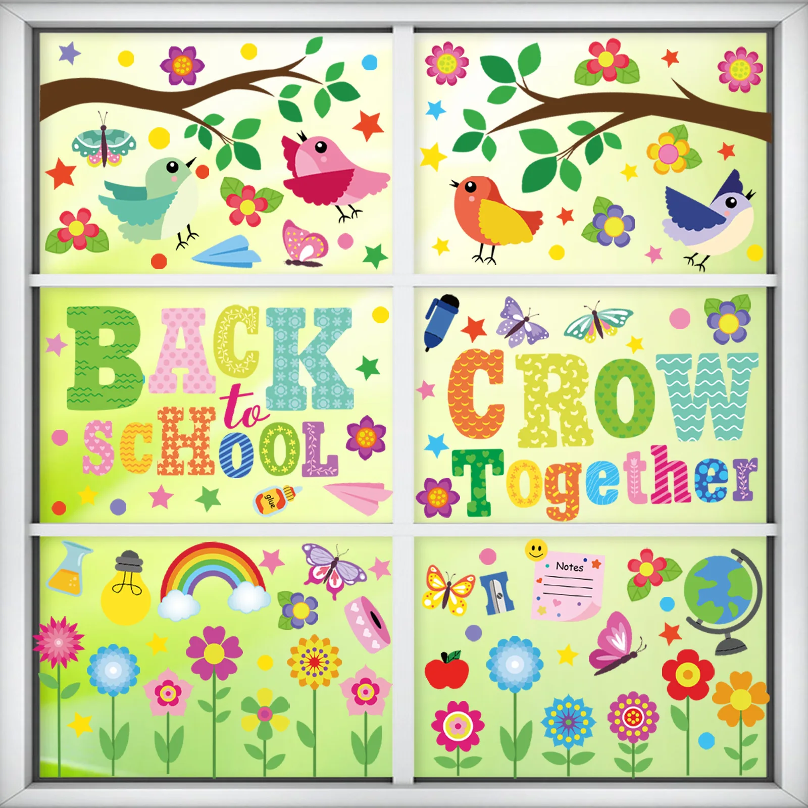 Back to School Static Stickers Cute Bird Cartoon Window Cling Removable Glass Door Decals for Kids Classroom Decoration