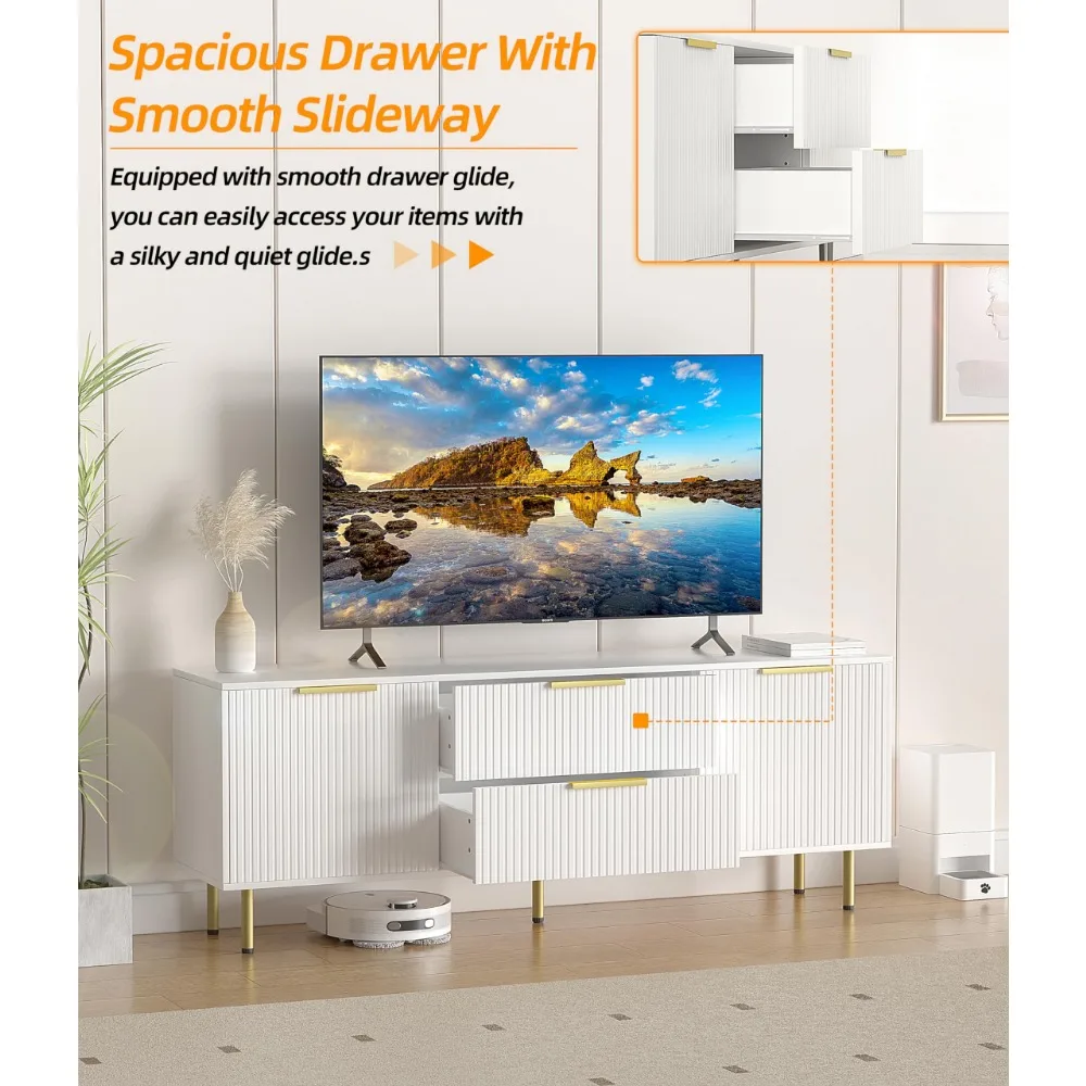 White TV Stand, Modern Entertainment Center with Storage, 2 Drawers, Waveform Panel Wood TV Console Table Media Cabinet