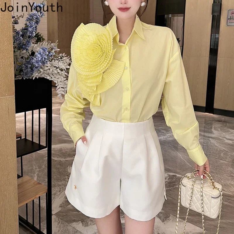 2024 Camisas De Mujer Blouse for Women Elegant Floral Shirts Oversized Tops Long Sleeve Fashion Pleated White Casual Blouses