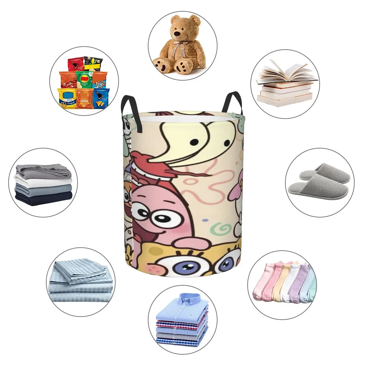 Breathable Round Laundry Hamper Spongebob Single-Layer Dirty Clothes Basket with Easy-Care Fabric for Home Organization