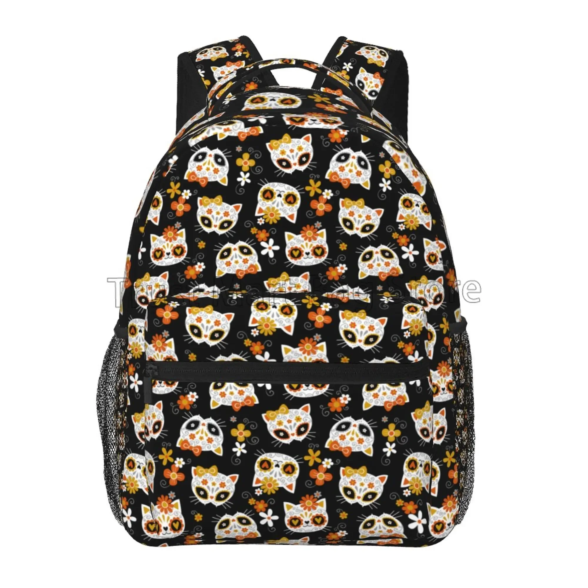 Cute Sugar Cat Skulls and Flowers Travel Backpack for Women Girls Lightweight Travel Hiking Camping Daypack Casual Shoulder Bag