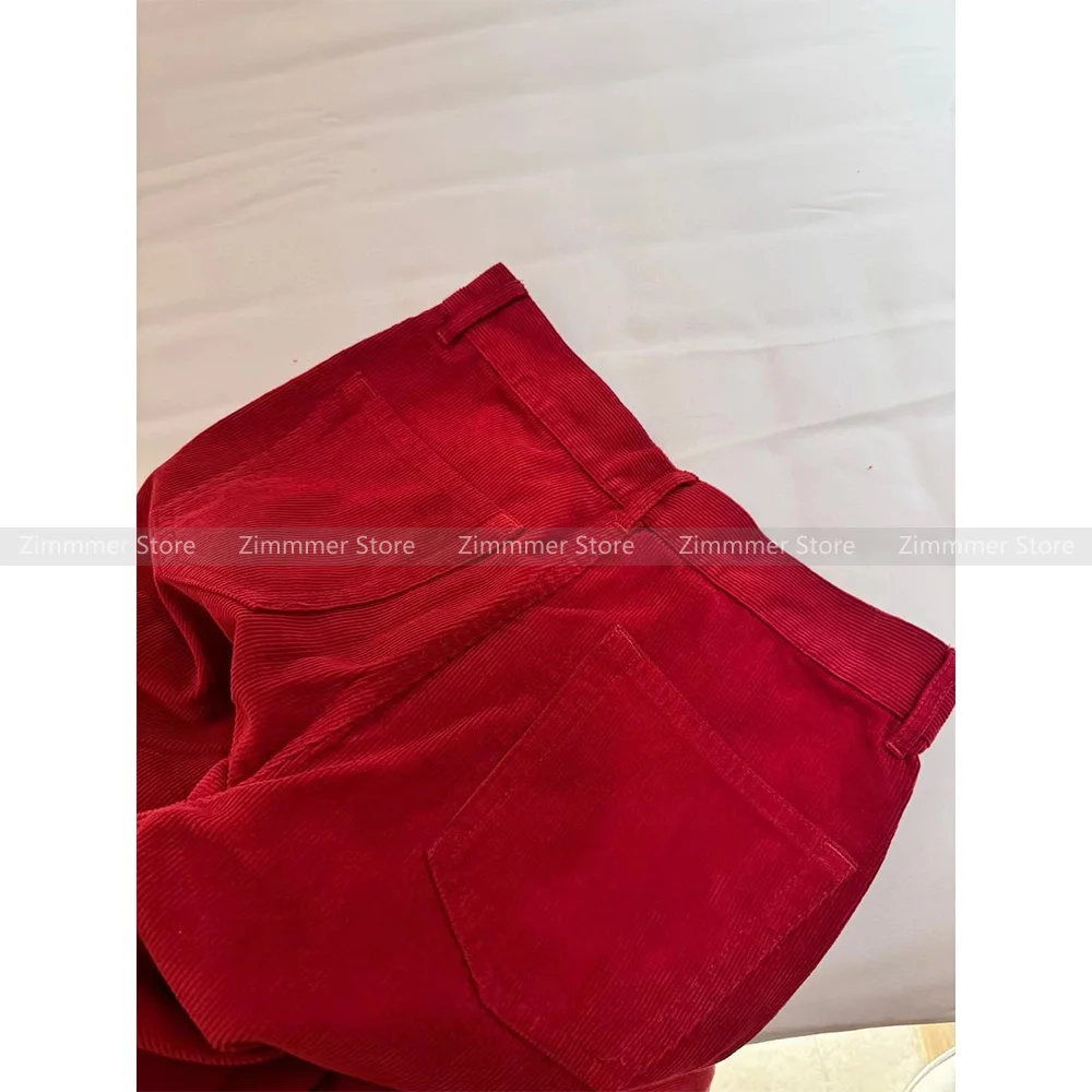 Retro red corduroy wide-leg pants for women 24 autumn and winter new loose silhouette mid-waist straight trousers